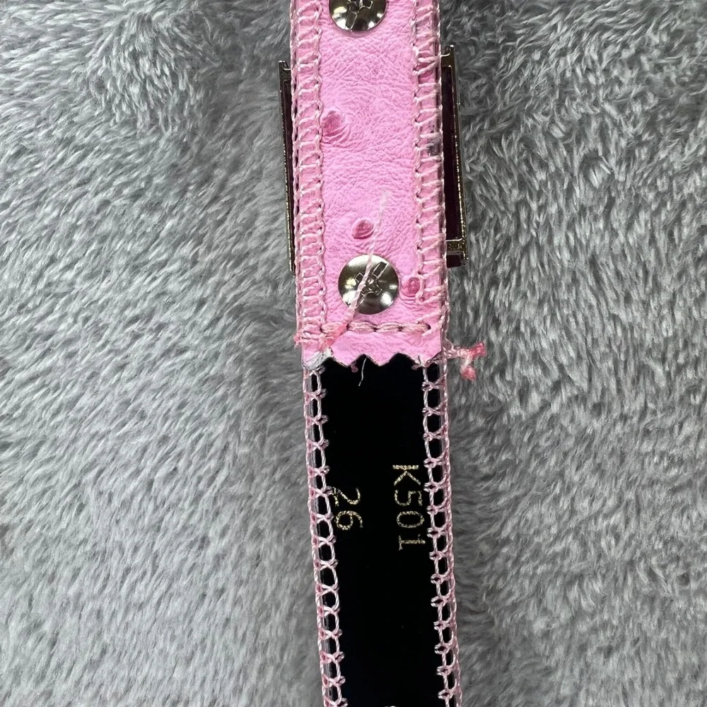 Pink Rhinestone Western Belt Ostrich Embossed Horseshoe Buckle Size 26 Rodeo Y2K